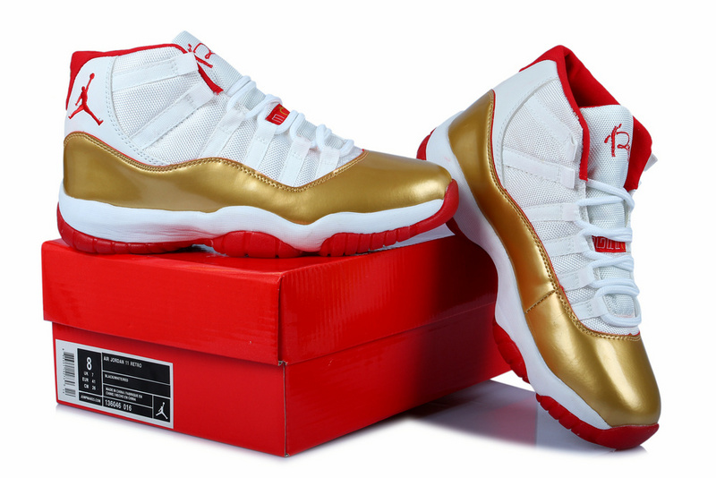 Air Jordan 11 Mens Shoes White/Golden/Red Online